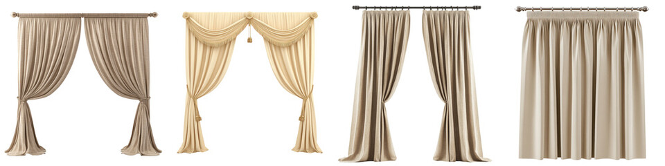 Hanging beige curtains mockup set isolated Png, transparent without background.