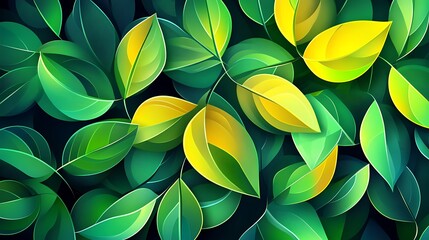 Close-up of green and yellow leaves, with some leaves illuminated by sunlight, creating a vibrant and colorful background.