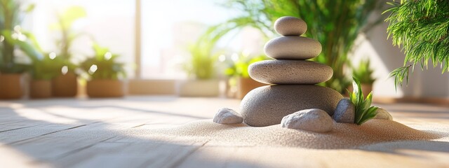 Sunlit Bamboo:Serene Minimalist Zen Garden 3D Rendering.Concept of tranquility, minimalism, balance, nature, spirituality, mindfulness, meditation, relaxation, Zen aesthetics, Japanese culture.
