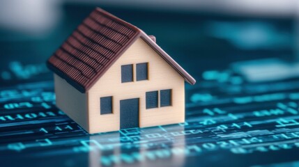A small house is sitting on a blue background with a lot of numbers and letters The concept of loan business, Innovation, and future.