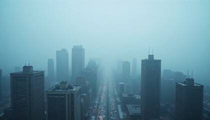 Fototapeta premium Foggy cityscape with tall buildings and vehicles on a muted street, creating a moody urban atmosphere with copy space