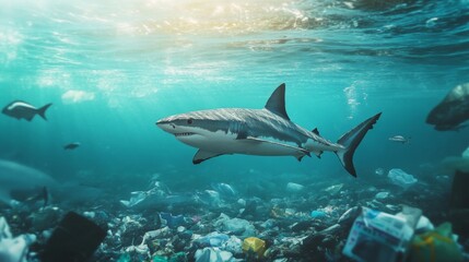 Obraz premium A Great White Shark Swims Above a Seabed Filled with Plastic Waste