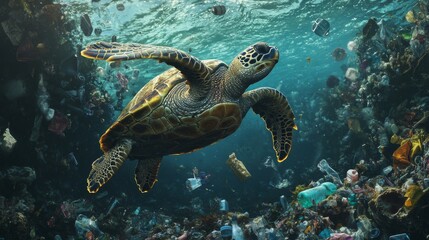 Fototapeta premium Sea Turtle Swimming Through Plastic Waste in the Ocean