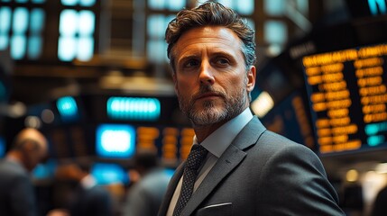 A medium shot of a focused businessman in a sharp suit in the Stock Market or Stock Exchange, surrounded by digital screens and stock tickers