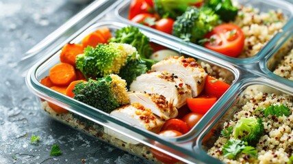 Healthy meal prep with chicken, quinoa, and fresh vegetables in glass containers