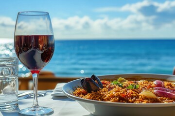 Close-up of Paella with Wine, Sunny Day, Ocean Background.Concept of Mediterranean cuisine, seafood, Spanish culture, summer vacation, outdoor dining, Restaurant,hospitality, travel,food and beverage.