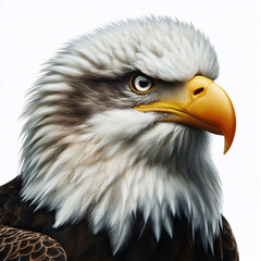 Fototapeta premium Close-up of a majestic bald eagle's head with a sharp beak and intense eyes, against a white background