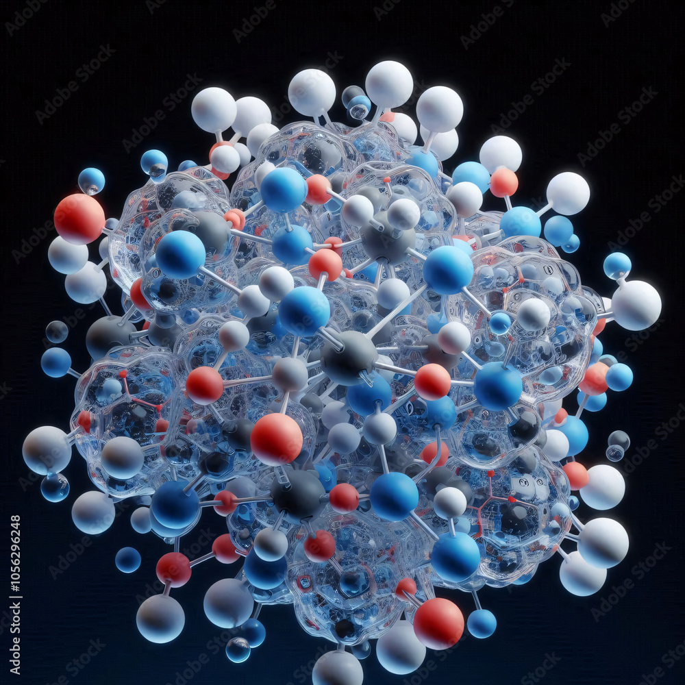 Poster a complex network of colorful spheres and connections, resembling a molecular structure