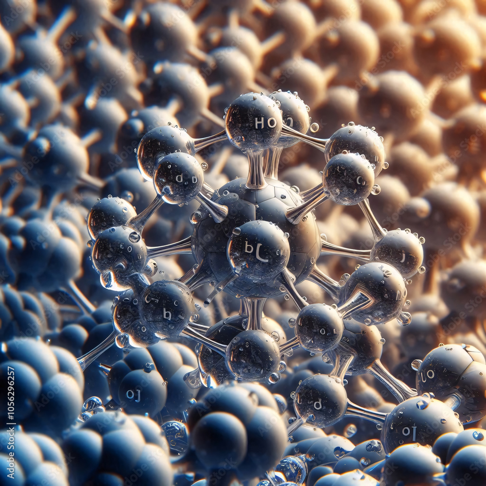Poster a microscopic view of a complex molecular structure, with atoms and bonds visible