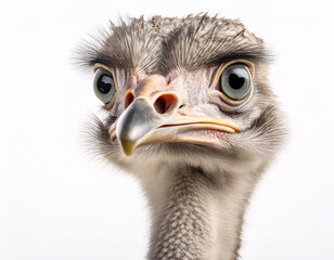 A close-up portrait of an ostrich with inquisitive eyes, looking directly at the camera