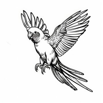 A black and white illustration of a parrot in flight.