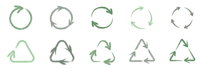 Hand drawn recycling symbols set. Green chalk recycle arrows, refresh icons. Vector doodle design element for eco and zero waste concept