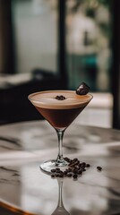 Espresso martini cocktail decorated with coffee beans and chocolate on marble table