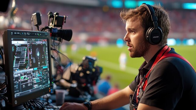 Sports Broadcast Operation: A technician operates broadcasting equipment at a sports event, ensuring seamless media coverage.