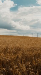 Golden wheat field meeting cloudy sky with wind turbines generating clean energy