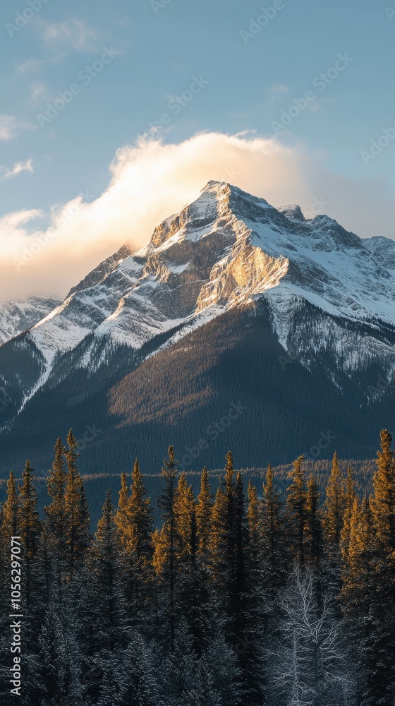 Wall mural majestic rocky mountain peak illuminating a pine forest at sunset