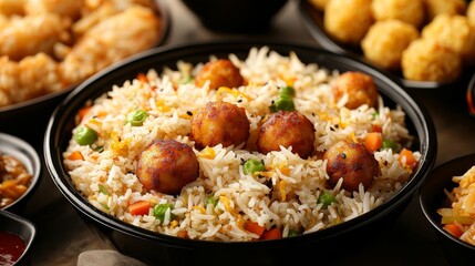 Assorted Asian Cuisine in Black Containers.Concept of diverse Asian cuisine, fusion food, takeaway meals, affordable dining,Food delivery, restaurants, catering services.