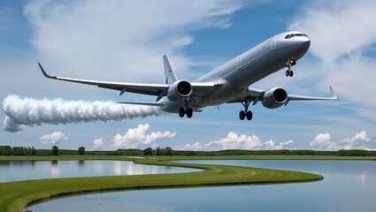 Obraz premium Sleek Silver Airliner Soaring Through a Clear Blue Sky: A Perfect Representation of Modern Aviation at Its Best