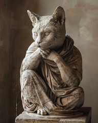Marble statue thoughtful cat philosopher pose, ancient Greek attire cloak,fine art photography, artistic feline design classical decor,museum,realistic,robe,stone,pet,pillar,home,European,mediaeval