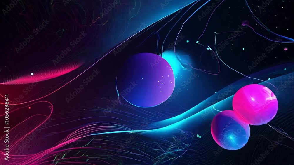 Poster colorful abstract composition featuring glowing spheres and dynamic lines illuminated against a dark