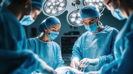 Surgeon performing surgery in an operating room with medical assistants in attendance