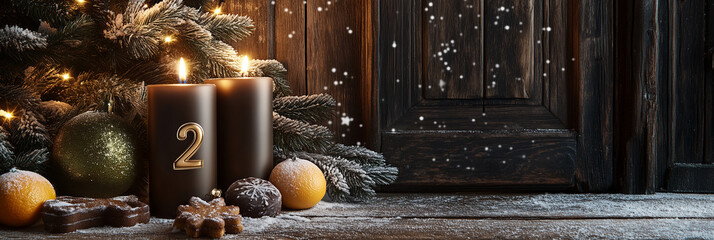 second sunday in advent concept xmas light on wooden wide panorama background with candle rustic home bokeh lights christmas  background