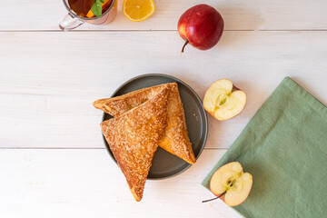 Apple Puff. Homemade Breakfast with Apple Puffs. Top view