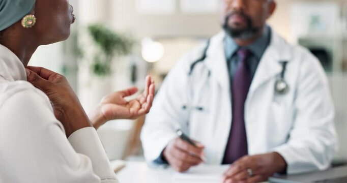 Healthcare, doctor and woman with discussion in consultation, medical appointment and throat update. Black people, patient and physician listening and writing for tonsillitis and ENT prescription