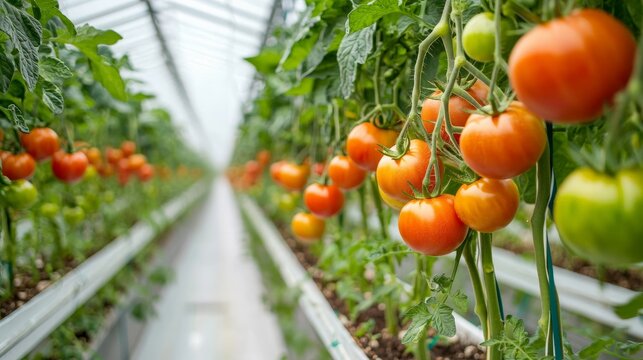 A panoramic view of a commercial hydroponic greenhouse, with rows of tomatoes suspended in air, growing in a controlled environment