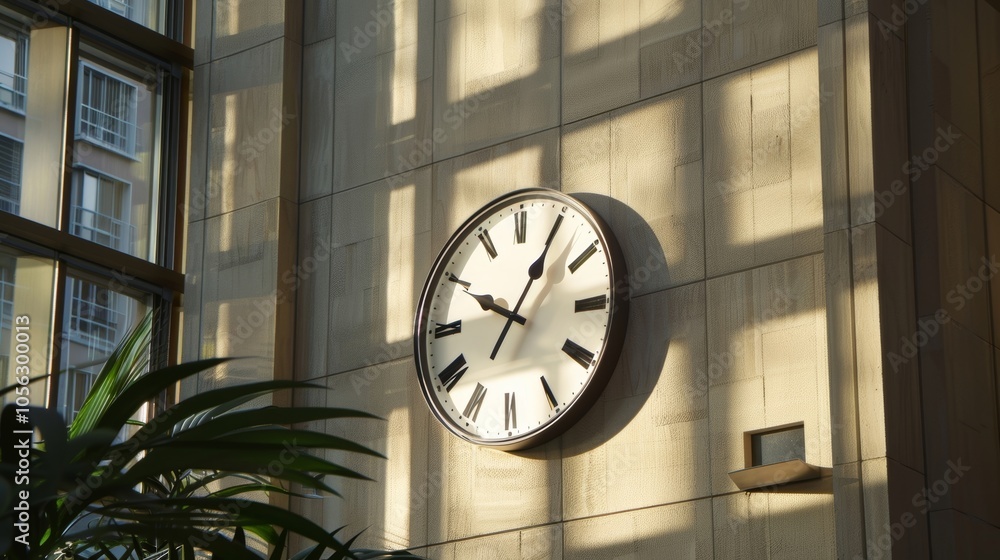 Poster sunlight shines through window, casting shadows on wall with clock in modern office, creating bright