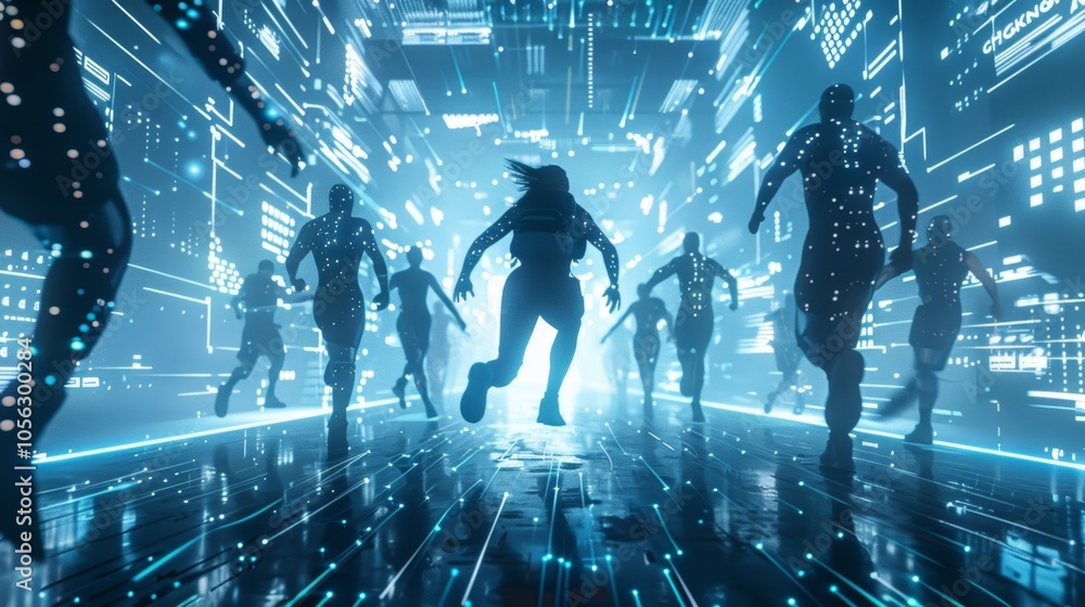Poster silhouettes of people running in the metaverse, surrounded by digital data streams and code fragment
