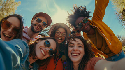 Group of happy friends posing for a selfie on a spring day while partying outdoors, with a mix of multicultural friends enjoying the weekend
