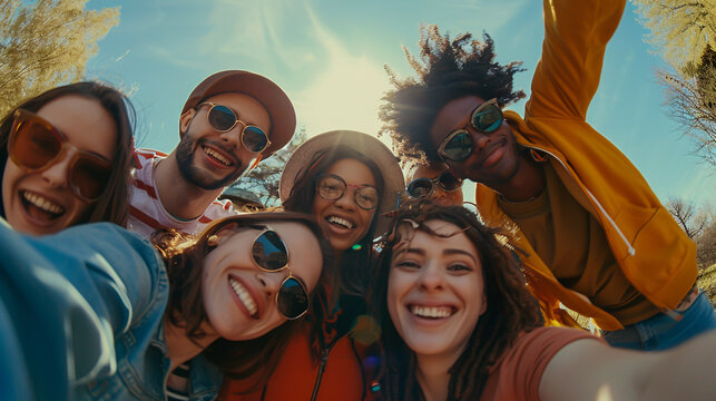 Group of happy friends posing for a selfie on a spring day while partying outdoors, with a mix of multicultural friends enjoying the weekend