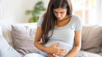 Pregnant woman feeling discomfort on couch in cozy living room setting