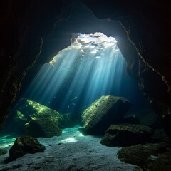 Obraz premium Crystal-clear underwater cave with beams of sunlight filtering through