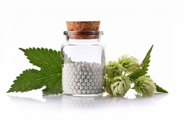 Urtica Urens – Nettle homeopathy pellets remedies, A close-up of small, round, white homeopathy pellets contained within a small, transparent glass jar, placed on an isolated pure white background,