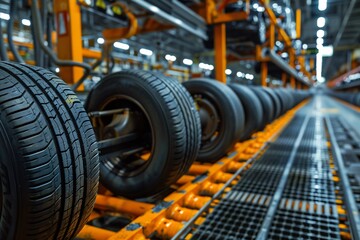 New tires are moving along a conveyor system in a manufacturing facility, showcasing the efficient production process during daylight hours