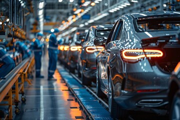 The process of assembling vehicles unfolds in a bustling factory with workers focusing on precision. A line of gleaming cars awaits final touches amid bright industrial lighting