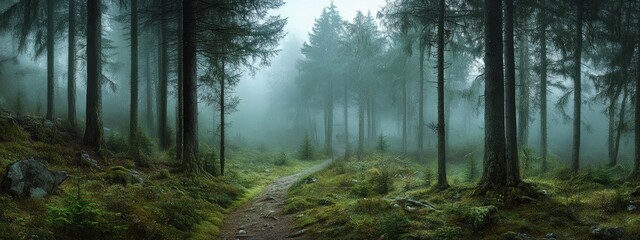Obraz premium Foggy Forest with Tall Pines and Narrow Path