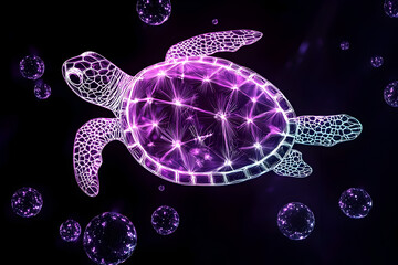 Fototapeta premium Futuristic neon outlines sea turtle surrounded by glowing bubbles isolated on black background.