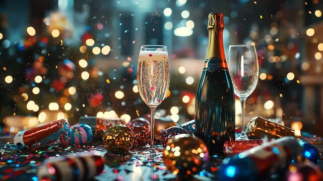 New Year&acirc;&euro;&trade;s Eve party hats, noisemakers, and confetti spread out on a festive table, ready for the night&acirc;&euro;&trade;s celebrations. . Video