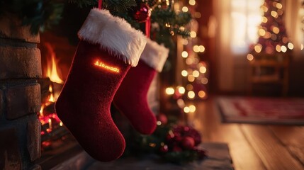 Christmas stockings with glowing AR name personalization, cozy fireplace setting, soft ambient lighting, photorealistic