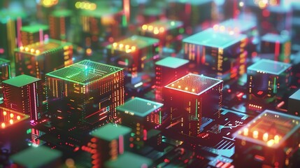 Obraz premium A Close-Up View of a Circuit Board with Illuminated Cubes