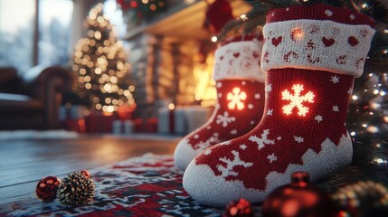 Christmas stockings with glowing AR name personalization, cozy fireplace setting, soft ambient lighting, photorealistic