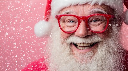 joyful Santa Claus with a big smile, wearing red glasses and a Santa hat, with snowflakes falling against a festive pink background. Capturing the warm and cheerful spirit of Christmas