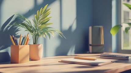 Workspace featuring notebooks, pencils, and potted plant