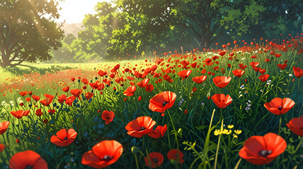 Obraz premium Sunlit meadow filled with poppies. Wallpaper