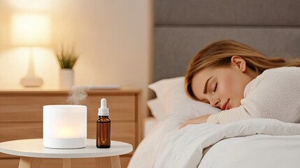 A young woman rests quietly in bed while essential oils and plants adorn the white bedside table in a serene bedroom