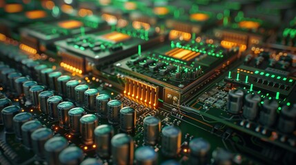 Close-up of an illuminated circuit board with capacitors and glowing components.