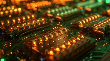 Obraz premium Close-up of a lit circuit board with orange and green hues